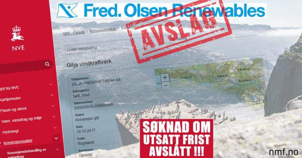 NVE avslo Fred Olsen Renewables søknad om forlenget frist for Gilja Vindkraftverk